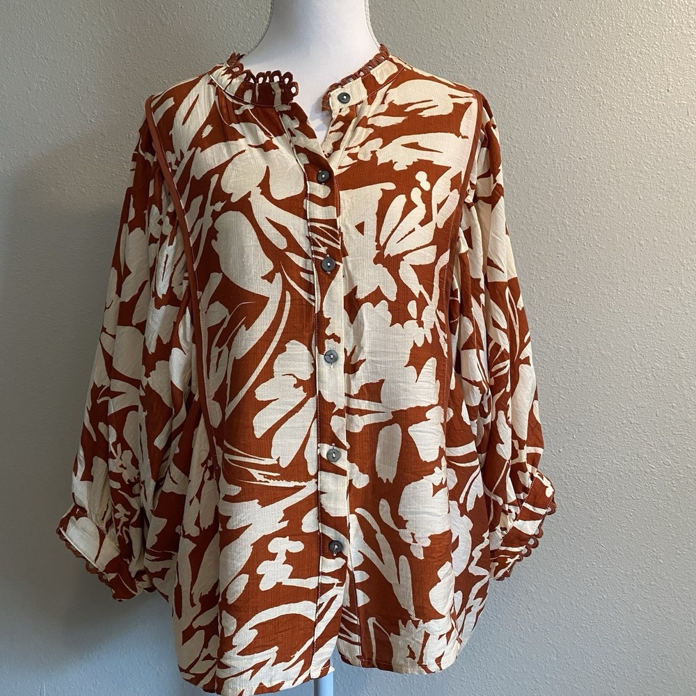 Entro Floral 3/4 Balloon Sleeve Button Down Blouse Rust Ivory Small Boutique - Picture 1 of 12